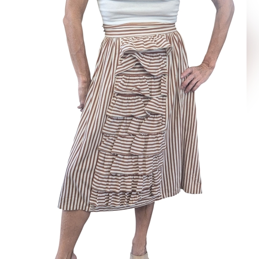 Vintage 50s 60s Handmade Brown White Stripe Ruffle Cotton Skirt XS S